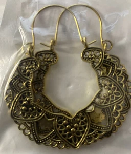 Mandala Flower Tribal Ethnic Hollow Hoop Earrings, Boho Gypsy Hippie Style - Picture 1 of 1