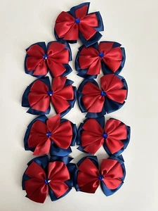 Set of 9 Blue Red Satin Heart rhinestone 4th of July Patriotic 3.5" Hair Bows - Picture 1 of 4