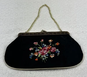 Vintage Small Kiss Lock Snap Evening Purse Black Gold Floral Embroidered - Picture 1 of 4