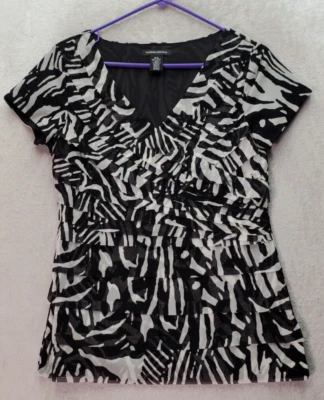 Blusa para mujer Valerie Stevens M negra blanca de tul semi transparente manga corta cuello en V Foto 1 de 4