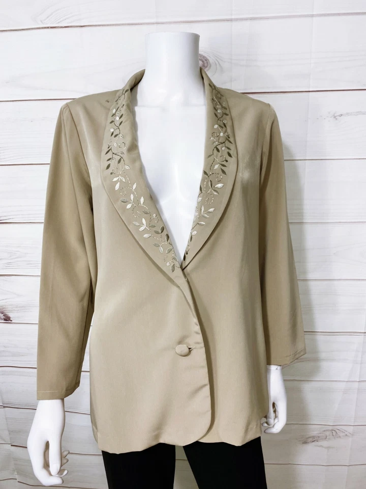 Maggie Sweet Womens Blazer Size PM Beige Embroidered 2 Buttons Shoulder Pads - Image 1 of 4