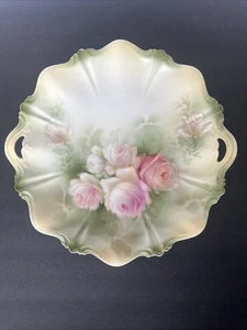 R.S. Preußen 11 Zoll rosa und gelbe Rosen Kuchenteller mit offenem Henkel rot Goldrand - Bild 1 von 12