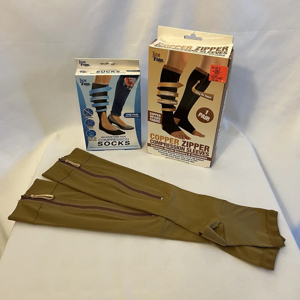 NEW Lot of 3 Total Vision Foot/Leg Compression Sleeves-2 Copper Zipper/1 No Show - Image 1 of 4