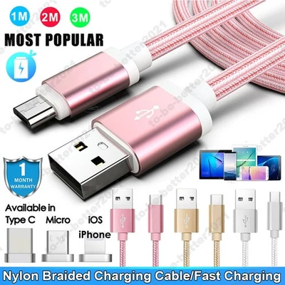 1M 2M 3M Fast Charging Micro USB Type C Charger Cable For iPhone/iOS Android - Image 1 of 4