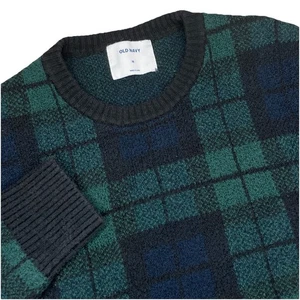 Suéter Old Navy Para Hombre Mediano Acogedor Reloj Negro Cuadros Cuello Redondo Verde Marino - Imagen 1 de 7