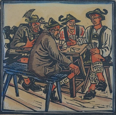 Kartenspieler Farbholzschnitt Tirol signiert - Bild 1 von 4