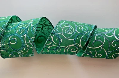 Christmas Ribbon, Green White Aqua Blue Swirls, 2 1/2" Wide, Wired Edge, 3 YARDS - Image 1 of 3