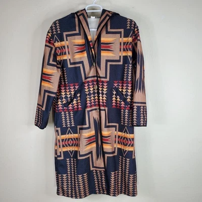 Abrigo Boho Midi Geométrico Patrón Azteca Occidental XL Con Capucha Bolsillos Botón Frontal Foto 1 de 4
