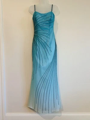 Vestido Formal De Colección Y2K Talla 4 100% Seda Fariy Cuentas Caprichoso Azul Ombre Baile de graduación Cremallera Foto 1 de 4