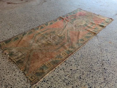 Vintage Turkish Rug 4.1x9.3 ft Handmade Wool Runner Faded Green Red Carpet - Image 1 of 4