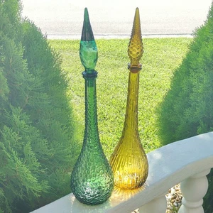Vintage MCM Empoli 22" Green Hobnail Amber Wax Drip Glass Genie Bottle Decanter - Picture 1 of 9