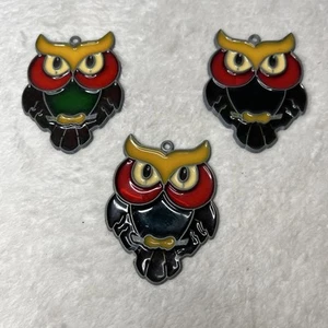 Lot Set 3 Matching Owl Sun Catchers 3.5x3” Faux Stained Glass - Picture 1 of 5