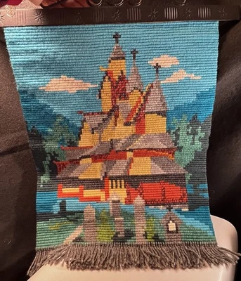 Handwoven Scandinavian Wool Tapestry Stave Church Wall Hanging w/ Metal Rod - Image 1 of 4