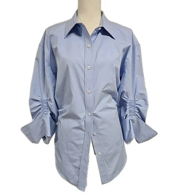 Alexander Wang Cinched Sleeve Button Down Shirt 100% Cotton Blue Women’s Sz 10  - Image 1 of 4