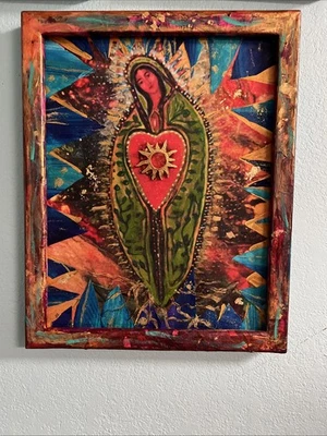 Pintura original de Nossa Senhora de Guadalupe mídia mista folclórica 16x20 - Imagem 1 de 4