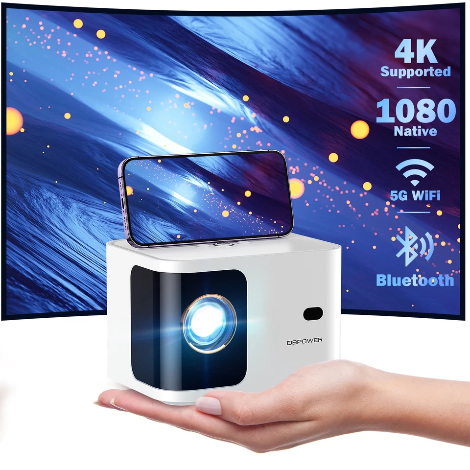 DBPOWER Projector with Wifi and Bluetooth Native 1080P 15000LMS Mini Projector for Movie