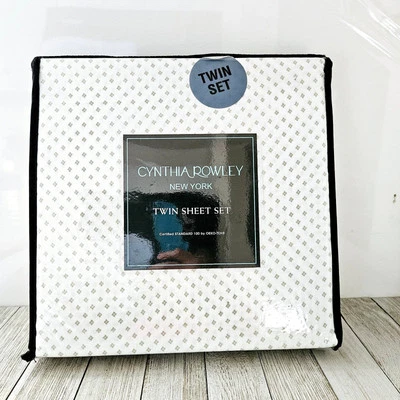 Cynthia Rowley New York Twin Sheet Set White with Khaki Green Dainty Diamond  - Image 1 of 4