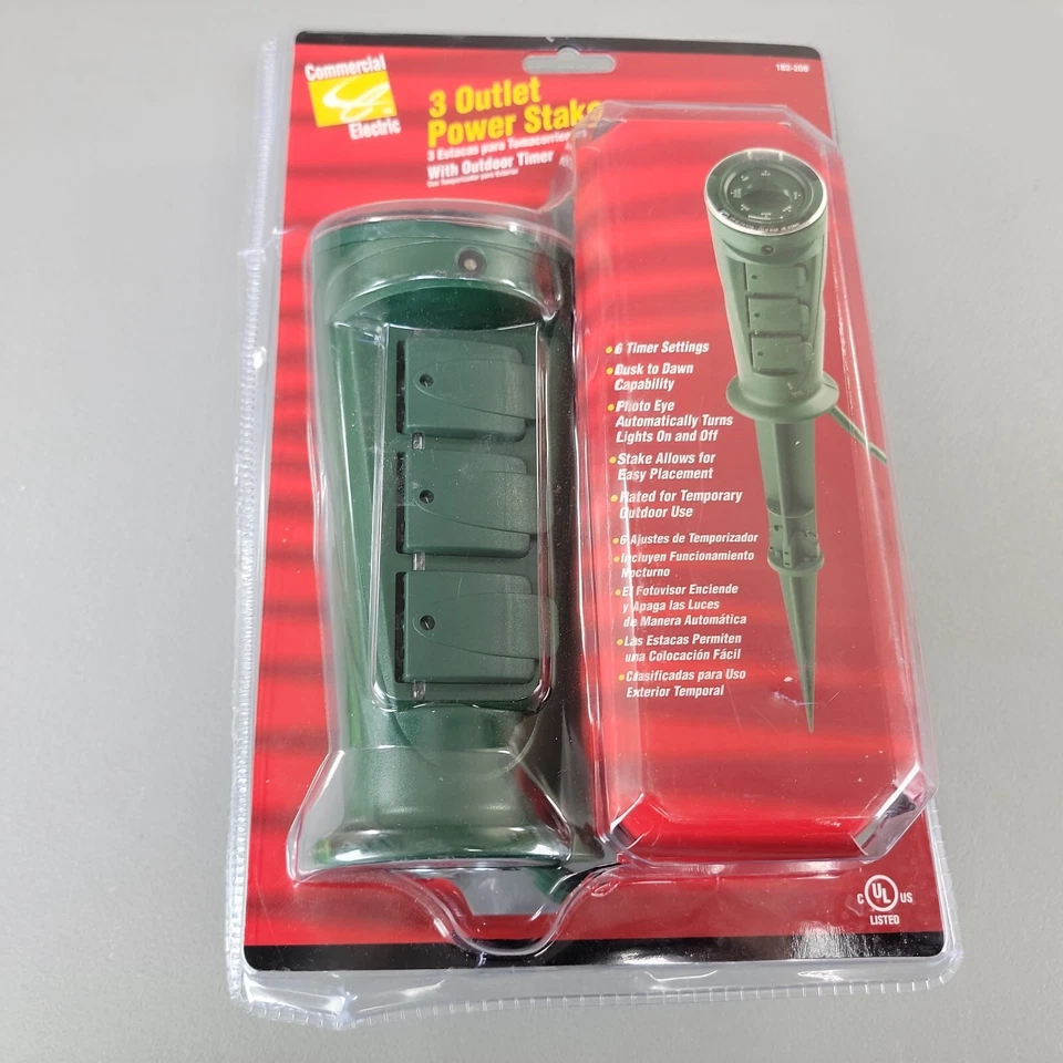 3 Outlet Power Stake W/ Outdoor Timer Photo Cell Auto Control 182 208