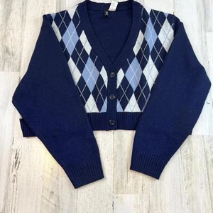 Women's -Divided Dark Blue Plaid Cropped Button Up Sweater 100% Acrylic - SZ XL - Picture 1 of 8