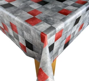 WIPEABLE Tablecloth Grey and Red Geometric Squares PVC Vinyl - Picture 1 of 2