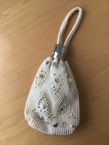 Bolso de pulsera vintage con cuentas plegable largo metal abertura superior crema plateado - Imagen 1 de 10