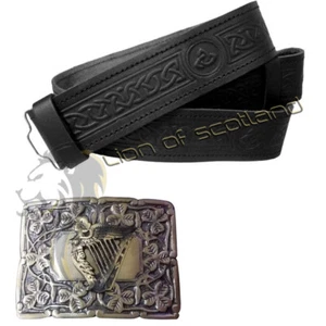 Scottish Kilt Buckle Irish Harp Antique Celtic Embossed Belt Black Real Leather - Picture 1 of 7