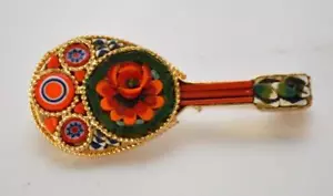 Vintage Goldfarbig Grün Rot Blumen Mikro Mosaik Mandoline Form Pin Brosche - Bild 1 von 2