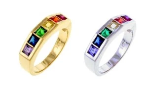Gay Pride Ring quadratisch Regenbogen CZ Steine Gold | Rhodiumplatte LGBTQ Hochzeitsband  - Bild 1 von 5