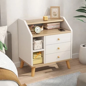 Bedside Table Bedroom Nordic Warm White Natural Wood Grain 3 Drawers Curve 3D-50 - Picture 1 of 12