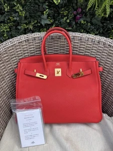 Authentic HERMES BIRKIN 35 Togo leather FEU fire geranium RED ๐ฅ - Picture 1 of 23