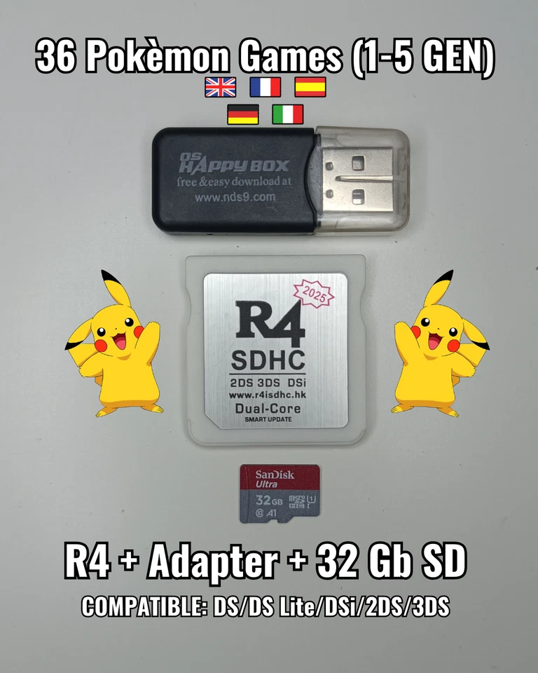 R4 Card Nintendo DS/DS Lite/DSi/2DS/3DS + 36 Pokemon games 1 - 5 Gen + 32 gb sd - Immagine 1 di 4