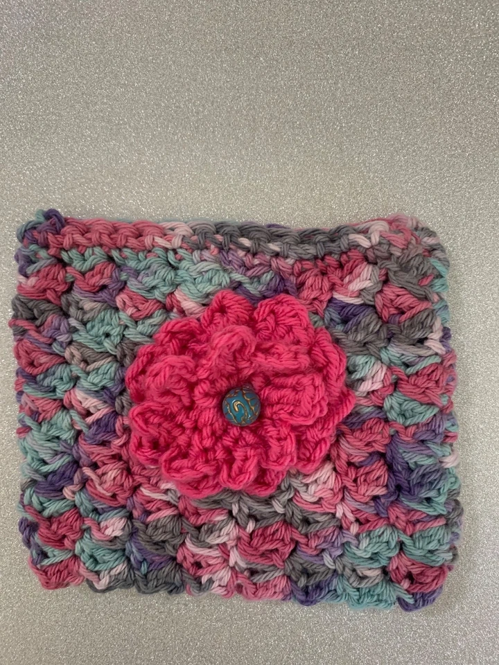 Hand-crocheted make-up/keepsake bag, multicolor with flower accent, FREE SHIP - Image 1 of 1