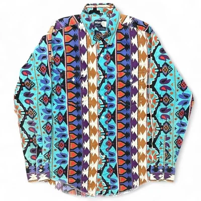 Vintage Wrangler Shirt Mens 15.5 x 34 Aztec Striped Western Checotah 90s USA - Image 1 of 4