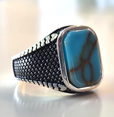 Men’s 925K Sterling Silver Ring with Turquoise Stone & Scale Design - Image 1 of 4