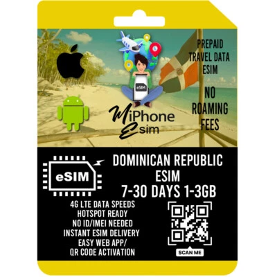 Dominican Republic Travel eSIM Prepaid 1-3GB  7-30 days 4G LTE  QR Activation - Image 1 of 4