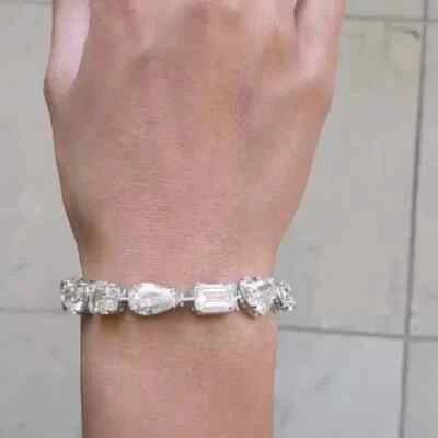 30Ct Lab Created Multi Shape Diamond 14K Wh Gold Plated Tennis Bracelet Women 8” - Image 1 of 4