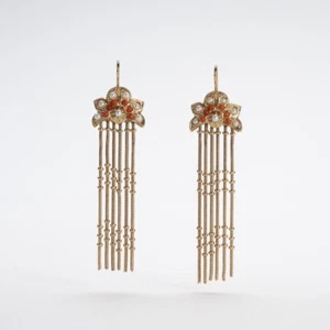 Ohrringe Fransen Jugendstil " Demirouge " Golden Gold Perlen Imitat Coral Made - Bild 1 von 9