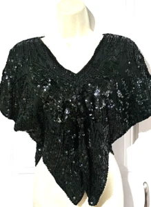 VGT Shimmer of NY Large 100% Pure Silk Sequin Bugle Beadds Black Butterfly Top - Picture 1 of 21