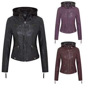 Ladies Biker Leather Jacket Classic Style Real Leather Women Hooded Jacket - Picture 1 of 26