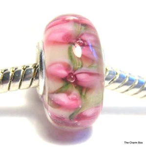 Milky White with Small Pink Flowers Murano Glass European Bracelet Charm Bead - Picture 1 of 4
