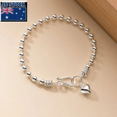 Woman Real s925 Sterling Silver Glossy Heart Charm Bead Ball Bracelet Bangle - Image 1 of 4