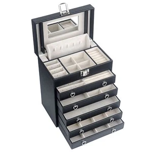 Kendal schwarz 6 Schichten große Leder Schmuckschatulle Uhr Schmuck Organizer mit Spiegel - Bild 1 von 7