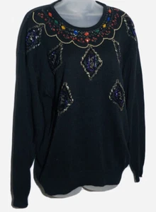 Vintage Damen Schwarz Pullover Perlen Pailletten Small Baumwolle Y2K Party Oversized - Bild 1 von 12