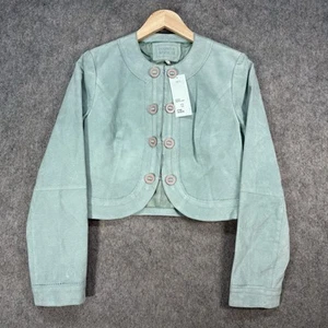 M&S Suede Cropped Jacket Womens Uk Size 10 Green Leather Long Sleeve - Picture 1 of 15