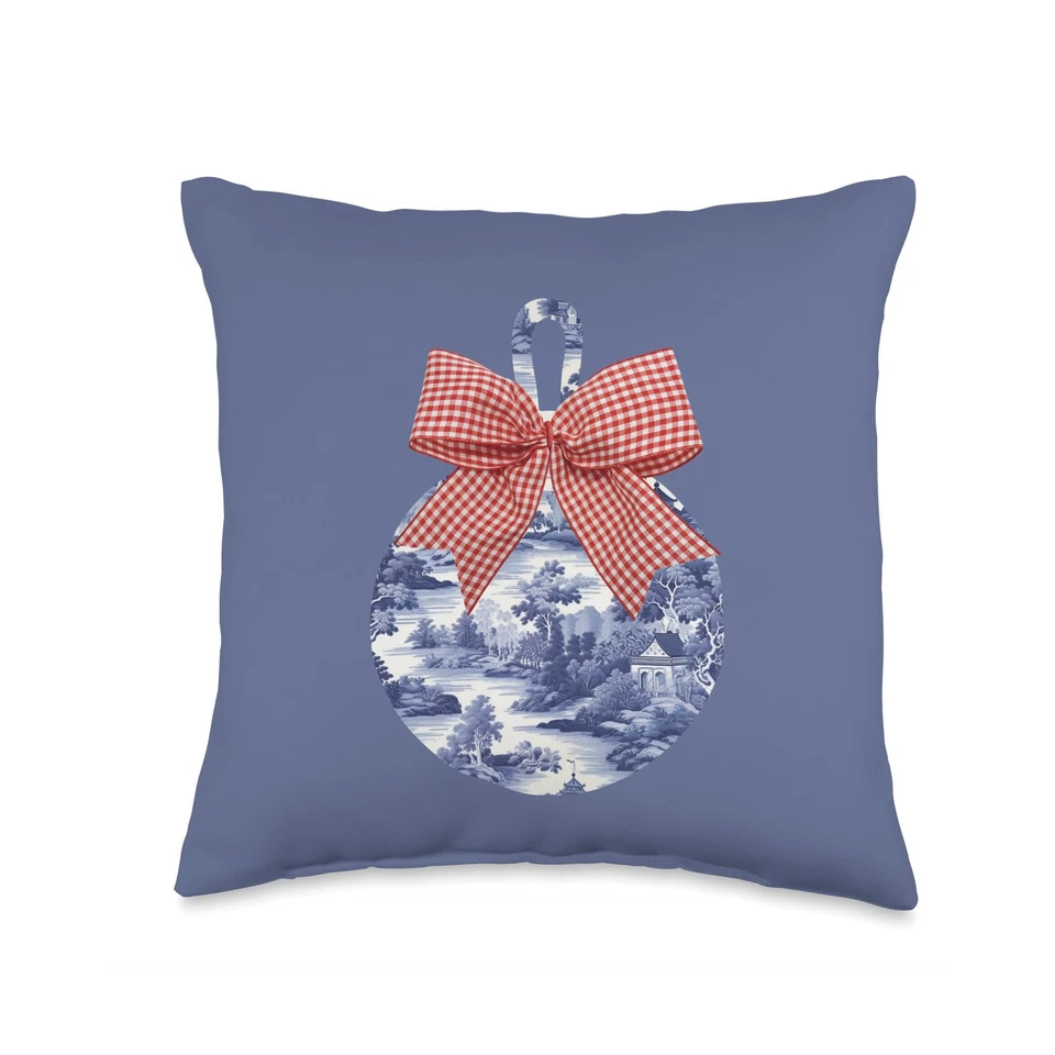 蓝色Chinoiserie圣诞脚趾灯泡枕头带红色方格蝴蝶结 — 第 1/3 张图片