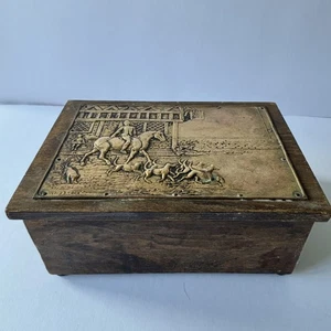 Antique Wooden Table Box Handles Brass Embossed Plaque Horse Hunting English Pub - Picture 1 of 15