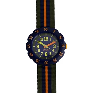 Flik Flak Uhr blaues Gehäuse gelbe Zahlen gestreift Nato Armband Timing Lünette - Bild 1 von 6