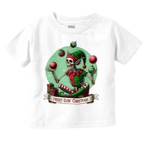 Funny Xmas Skeleton Merry Elfin Christmas Toddler Boy Girl Youth T Shirt Tee - Picture 1 of 6