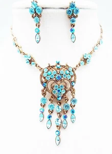 DESIGNER INSPIRIERT 18 Zoll BLAU MULTI KRISTALL GOLD VIKTORIANISCH BAUMELN SCHMUCKSET NEU - Bild 1 von 6