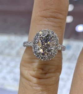 2Ct Oval Cut Real Moissanite Halo Engagement Ring 14K White Gold Plated - Picture 1 of 10